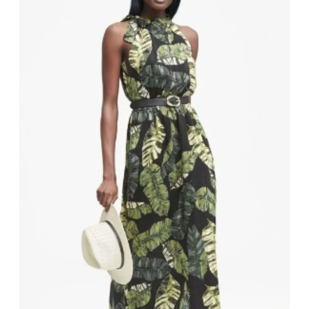 Banana Republic Tropical Palm Maxi Dress Tie Neck Size XS